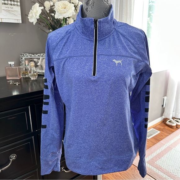 Victoria’s Secret PINK Quarter Zip Pullover Blue Heather Logo Sleeve Size L - Picture 2 of 15